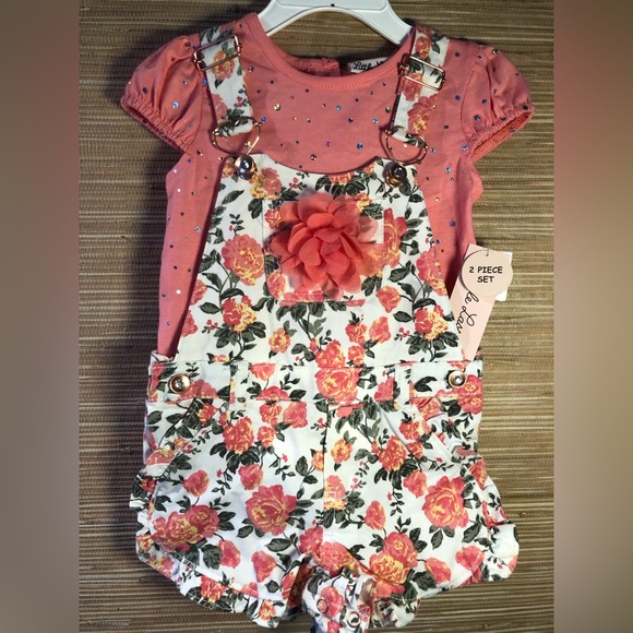 NWT LITTLE LASS set of floral shorts overalls and matching tee sz 24m Adorable! - Picture 1 of 4